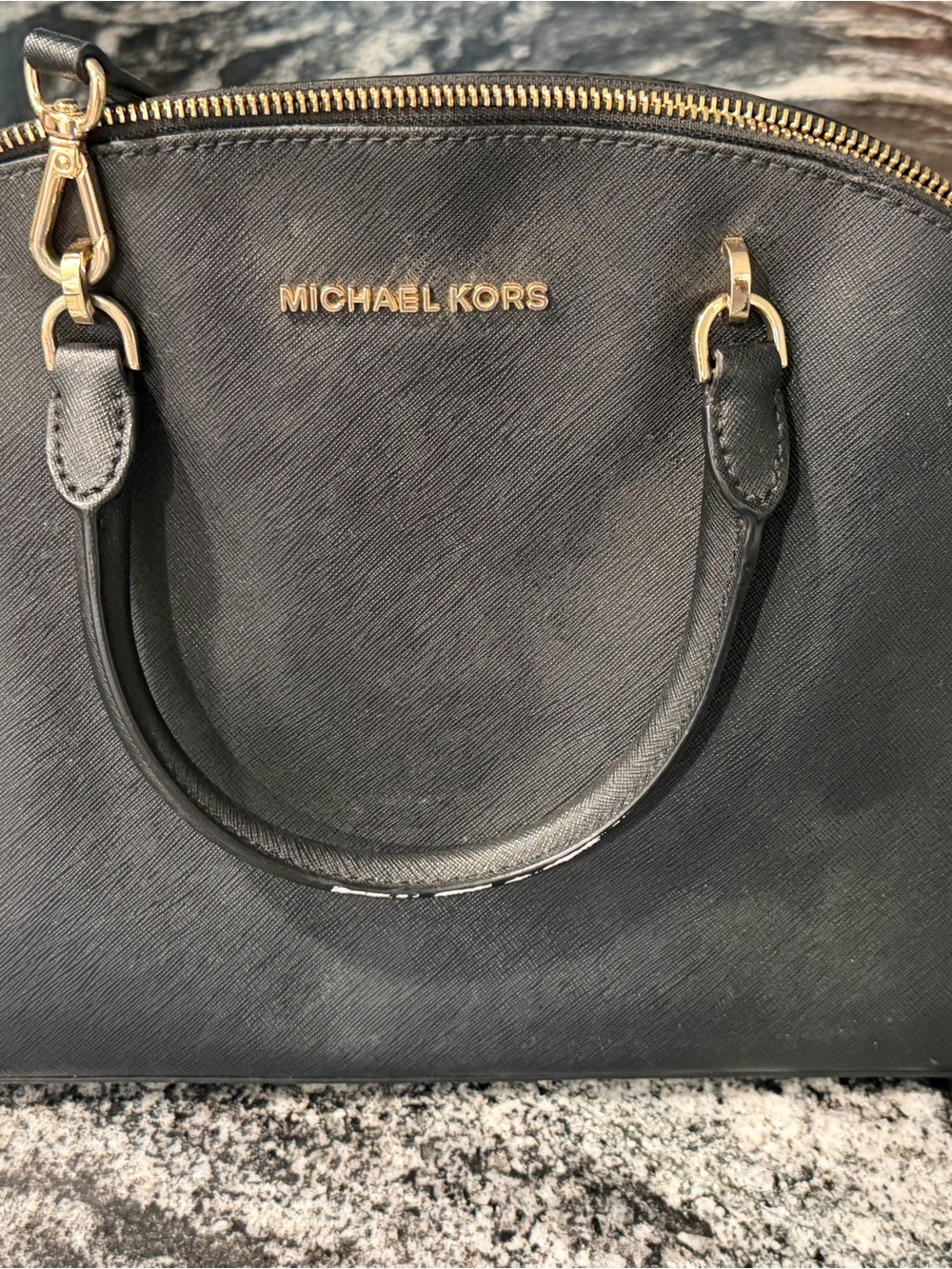 Michael Kors Black Saffiano Dome Satchel with Gold Hardware